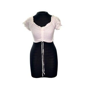 White Love Tree Ruched Crop Top With Short Ruffle Sleeves L